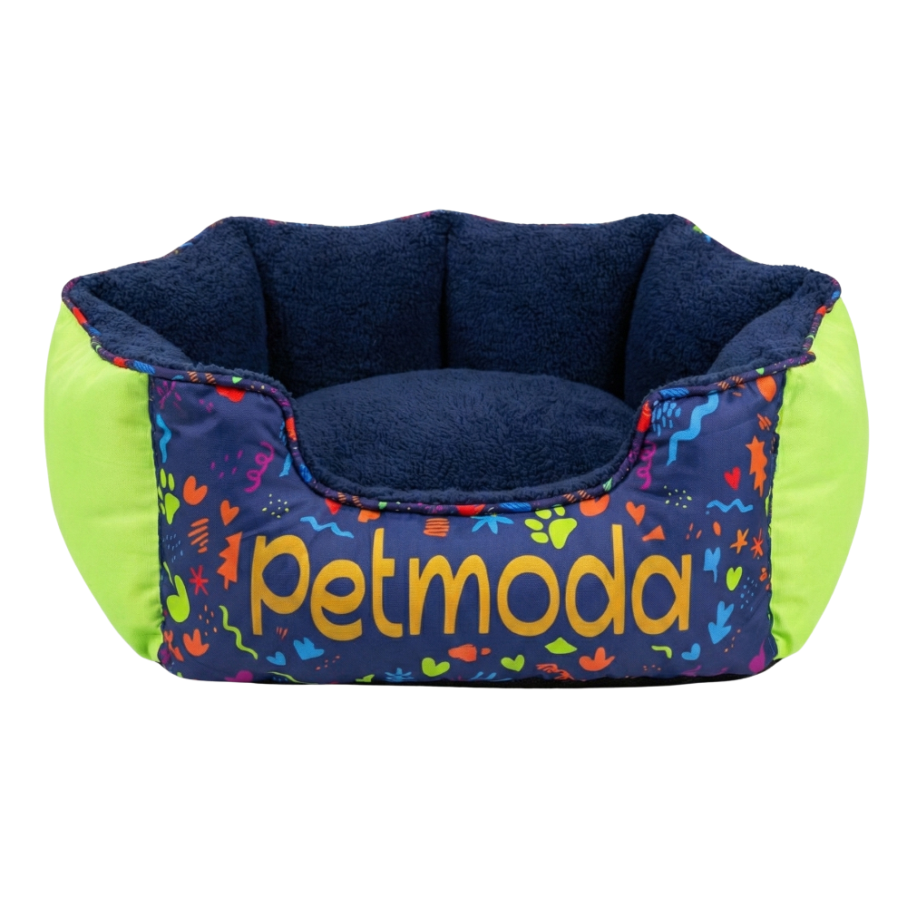 Pet bed with colorful design and 'Petmoda' branding on a white background