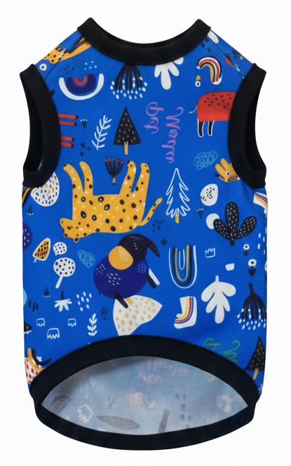 Blue sleeveless dog coat with colorful pattern on a white background