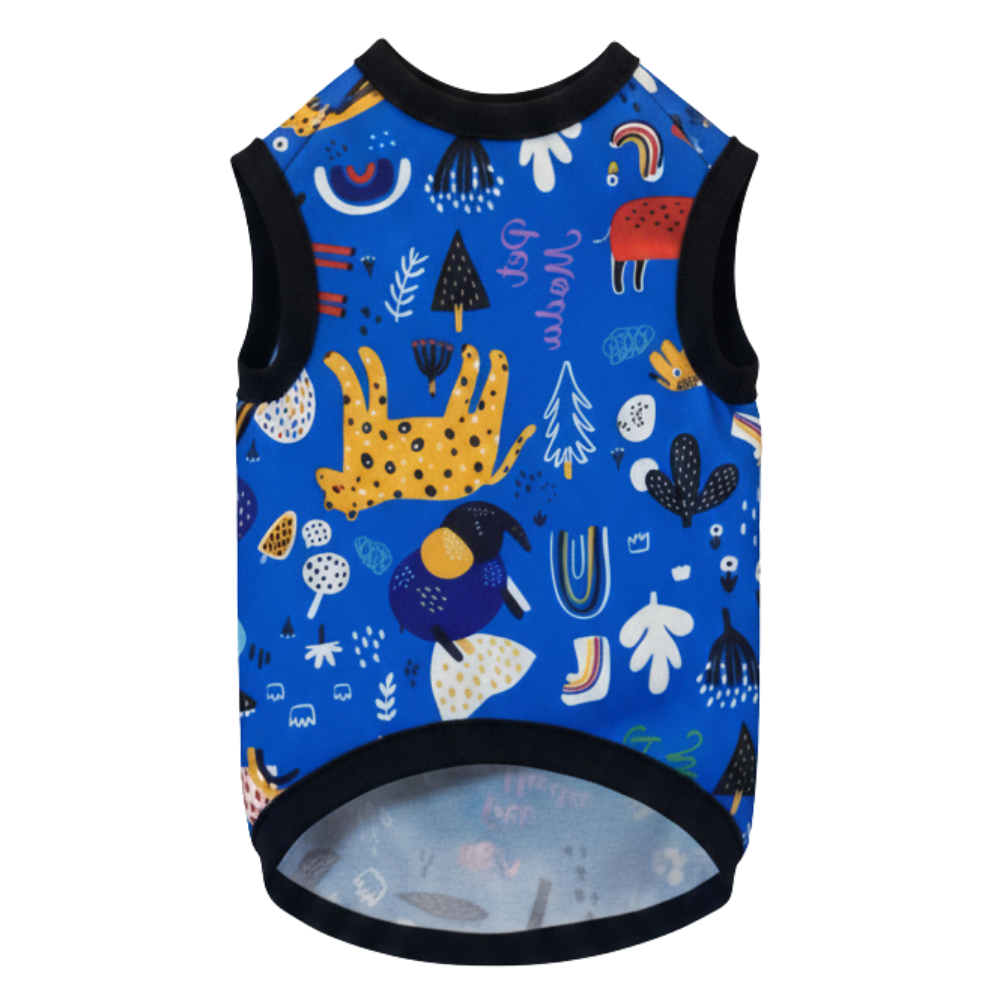 Blue sleeveless dog coat with colorful pattern on a white background