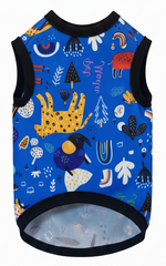 Blue sleeveless dog coat with colorful pattern on a white background