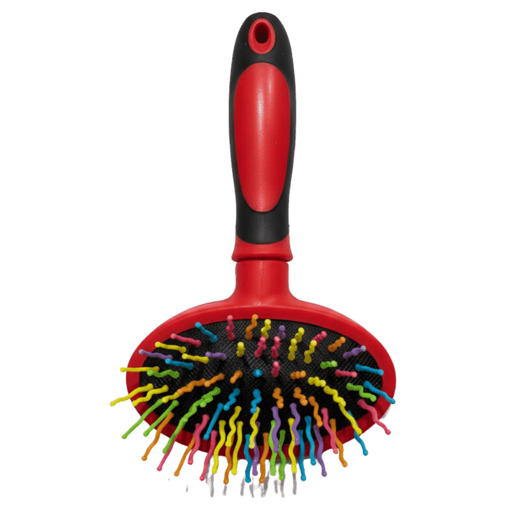 Red hairbrush with colorful bristles on a white background