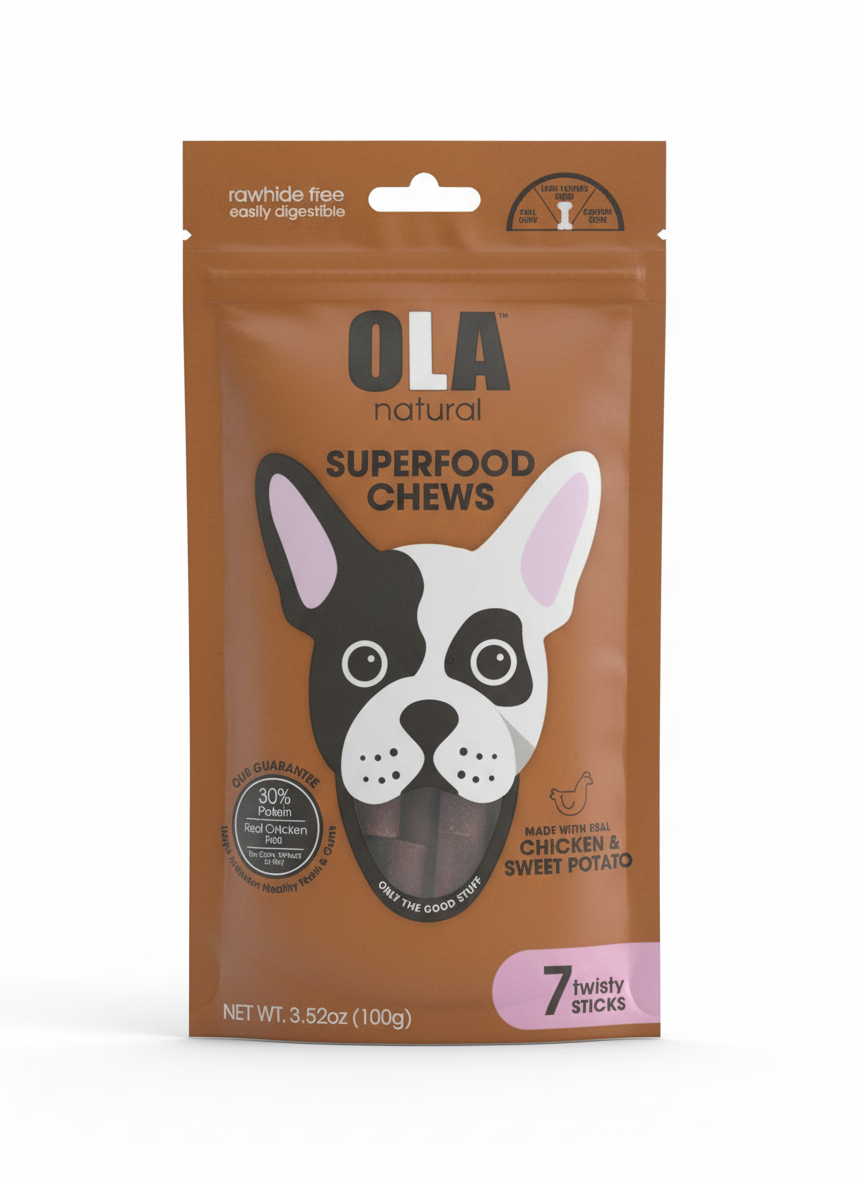 Ola Natural Chicken & Sweet Potato Dog Treats 7 Twisty Sticks 100g.