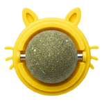 Yellow cat-shaped toy with a green ball inside on a white background