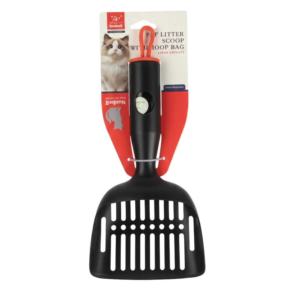 Black cat litter scoop with red handle on a white background