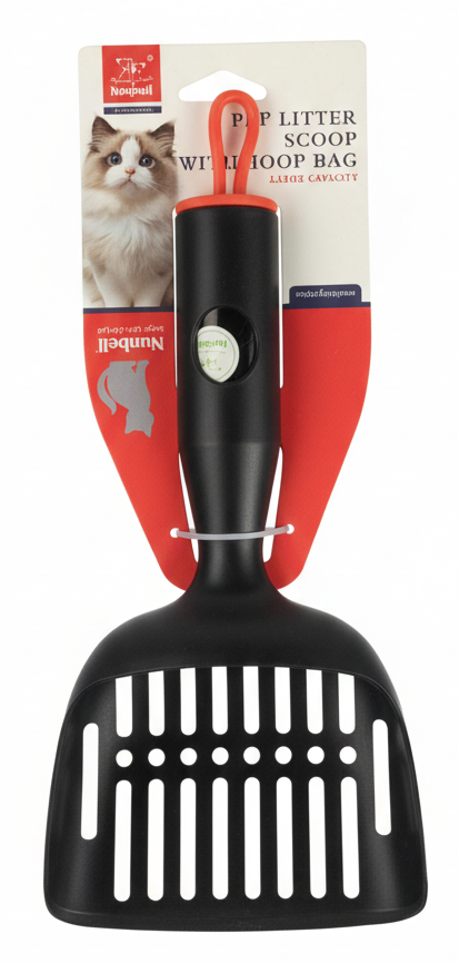 Black cat litter scoop with red handle on a white background