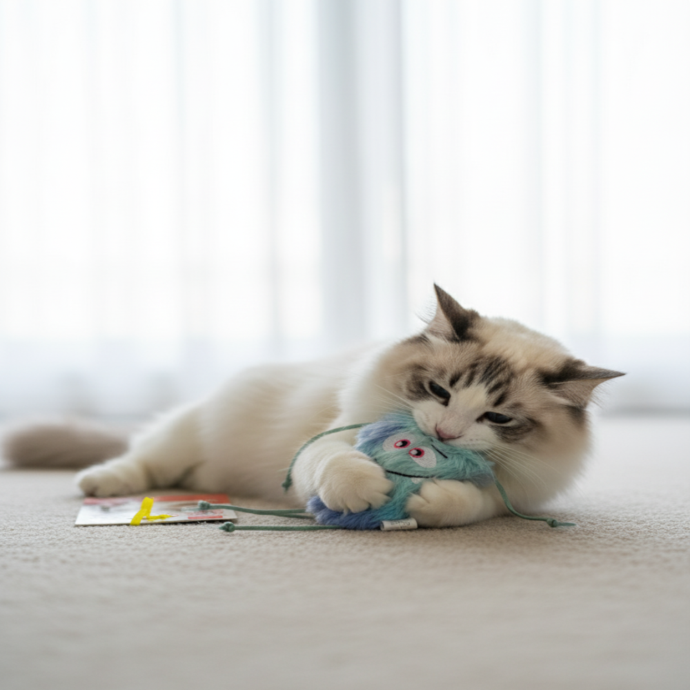 Cat playing with a toy on a light-colored surface