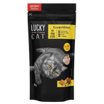 Lucky Cat cat food package with a black background