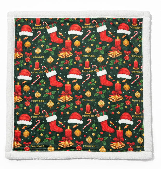 Christmas-themed pot holder with stockings, presents, and candy canes on a green background.