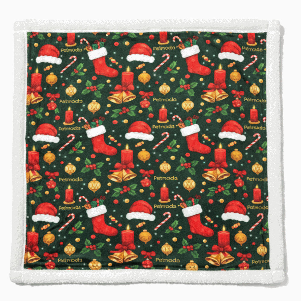 Christmas-themed pot holder with stockings, presents, and candy canes on a green background.