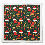 Christmas-themed pot holder with stockings, presents, and candy canes on a green background.