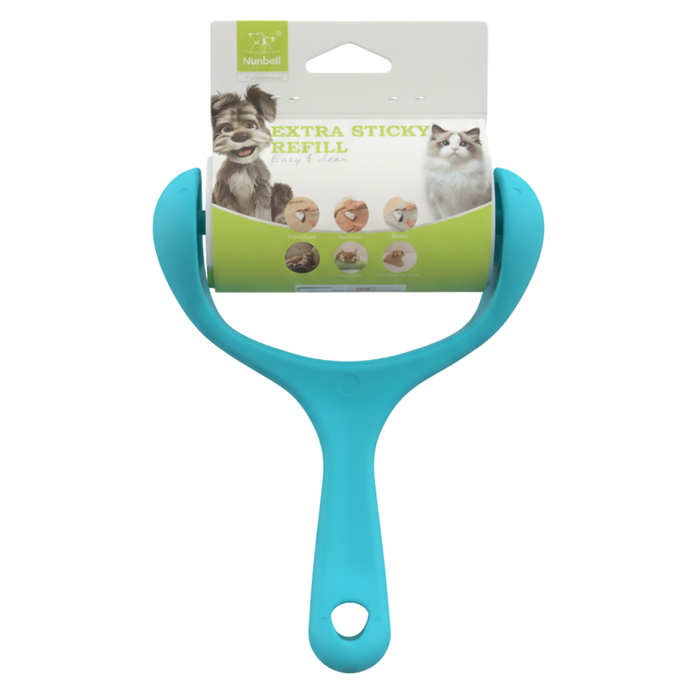 Turquoise pet grooming roller with a visible brand label on a white background