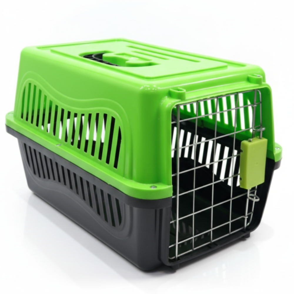 Green and black pet carrier on a white background