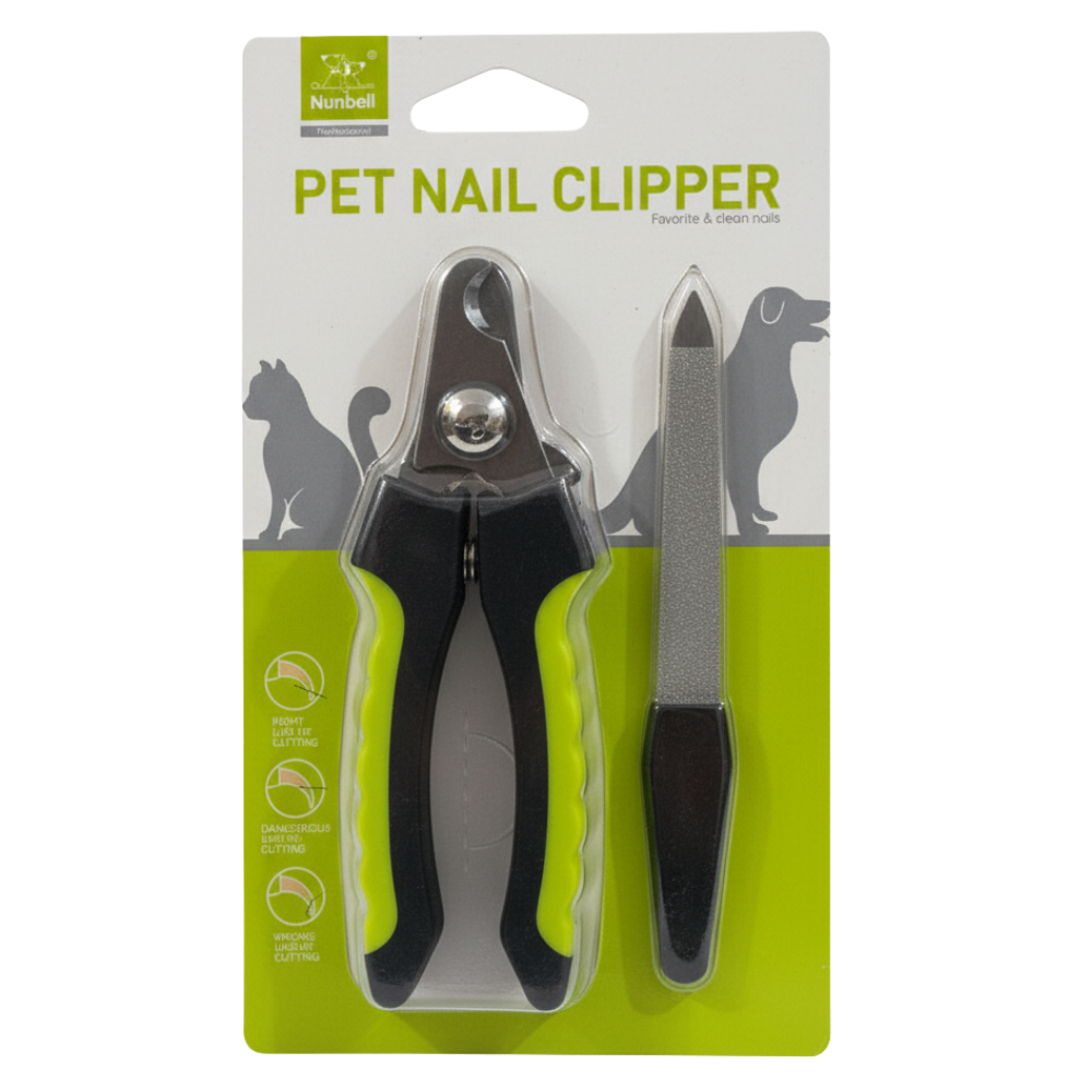 Pet nail clipper set on a branded packaging with green accents