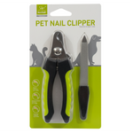 Pet nail clipper set on a branded packaging with green accents