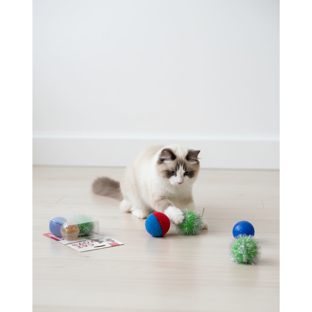 Cat playing with colorful toys on a light wooden floor.