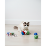 Cat playing with colorful toys on a light wooden floor.
