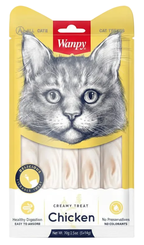 Wanpy cat treat package with chicken flavor on a white background