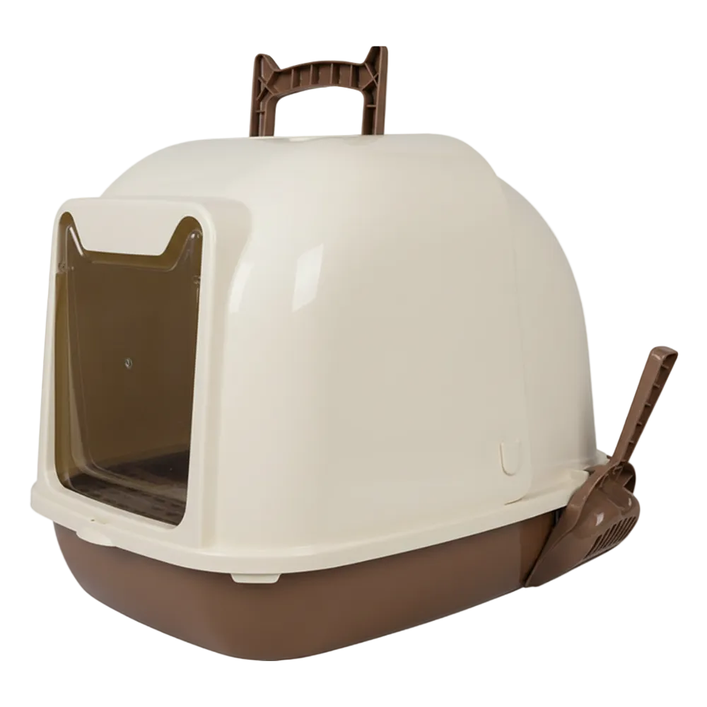 Beige and brown pet litter box with a handle on a white background