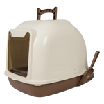 Beige and brown pet litter box with a handle on a white background