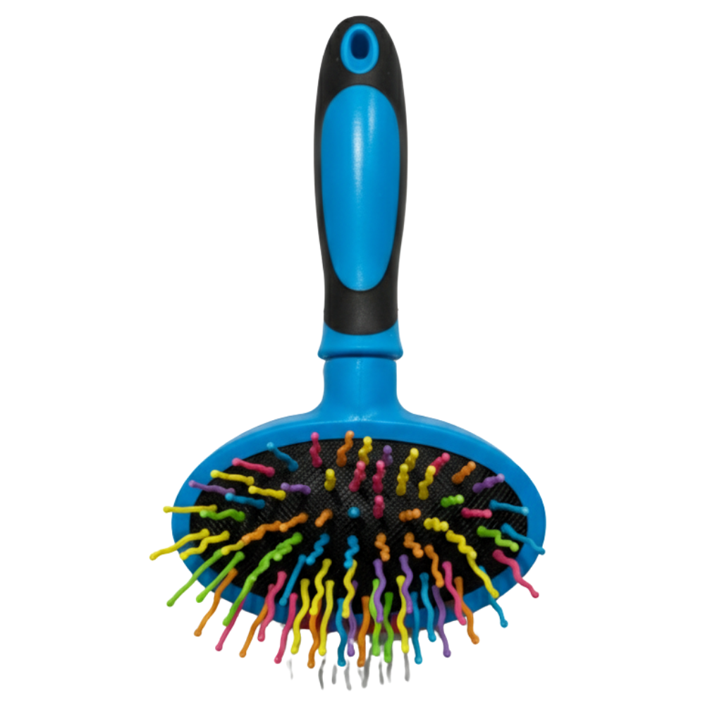 Blue pet grooming brush with colorful bristles on a white background