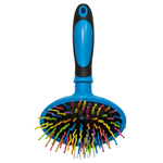 Blue pet grooming brush with colorful bristles on a white background