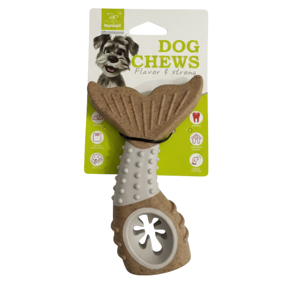 Dog chew toy with a tail design on a Nylabone branded packaging