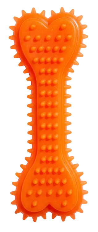 Orange bone-shaped pet toy on a white background