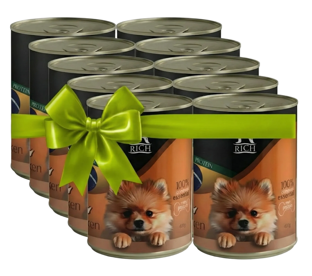 Multiple cans of pet food with a green bow on a white background