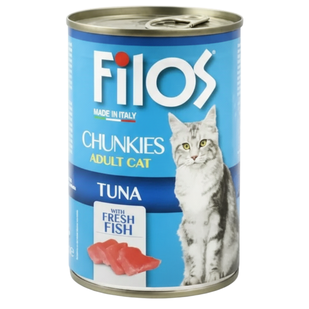 Can of Filos Chunkies Adult Cat Tuna with Fresh Fish on a blue background