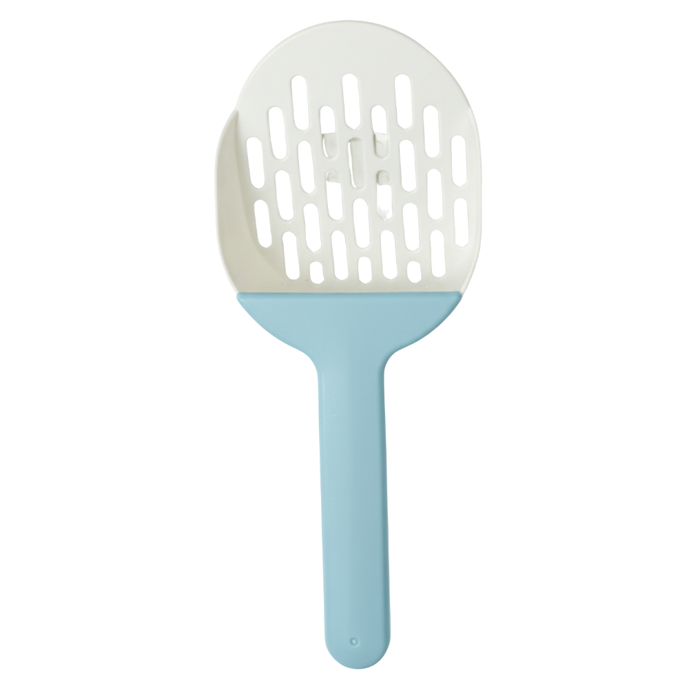 White and blue pet litter scooper on a white background