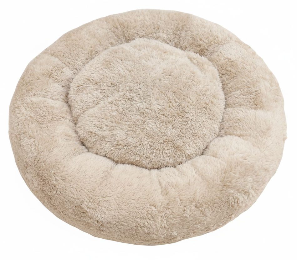 Round beige pet bed on a white background