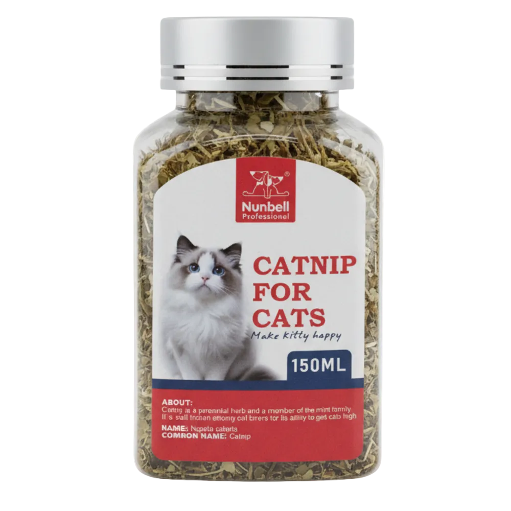 Bottle of catnip for cats with a label featuring a cat and branding.