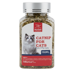 Bottle of catnip for cats with a label featuring a cat and branding.