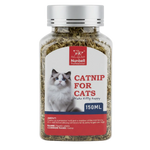 Bottle of catnip for cats with a label featuring a cat and branding.