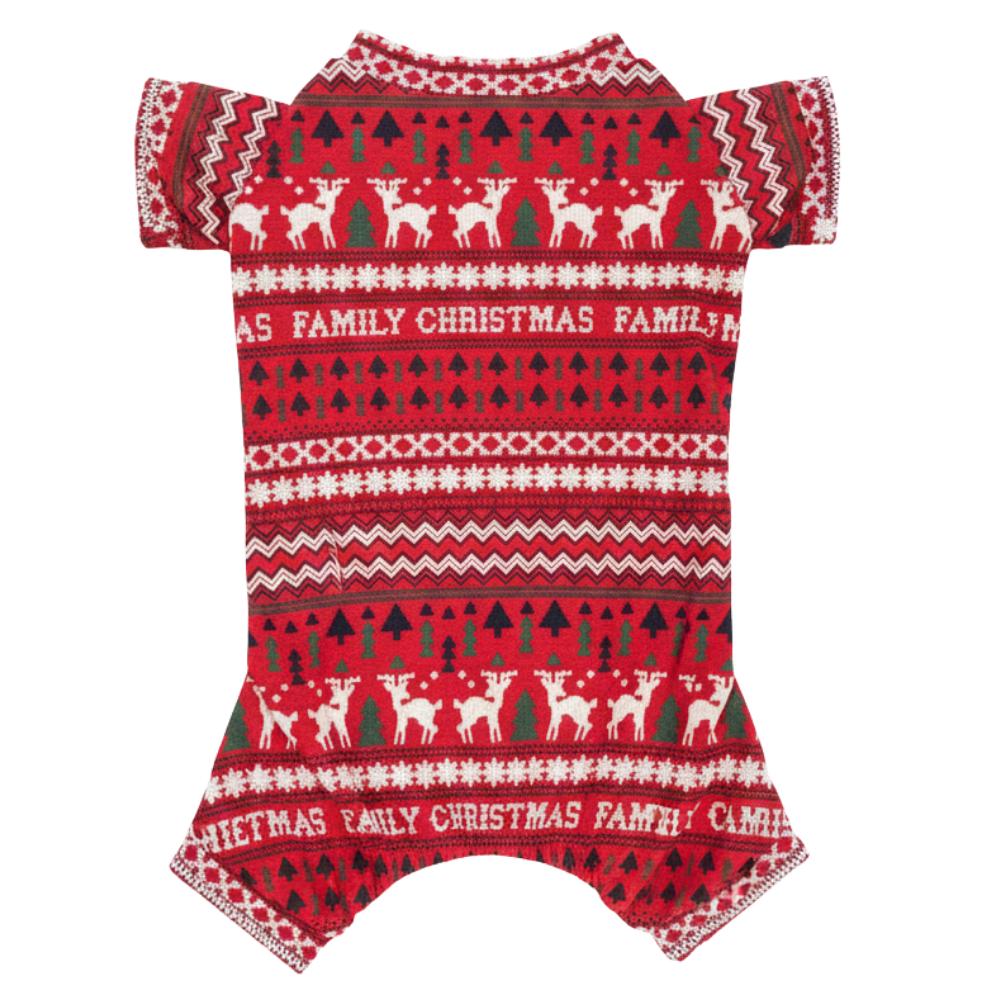 Red and white Christmas-themed romper with reindeer pattern on a white background