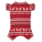 Red and white Christmas-themed romper with reindeer pattern on a white background