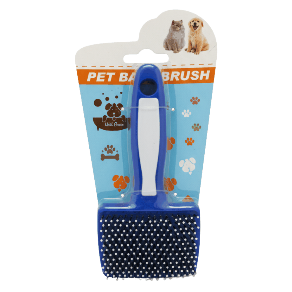 Pet brush with blue handle and black bristles in packaging featuring images of cats and dogs.