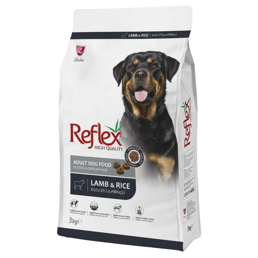 Dog food package with a Rottweiler on the label, featuring Reflex branding.