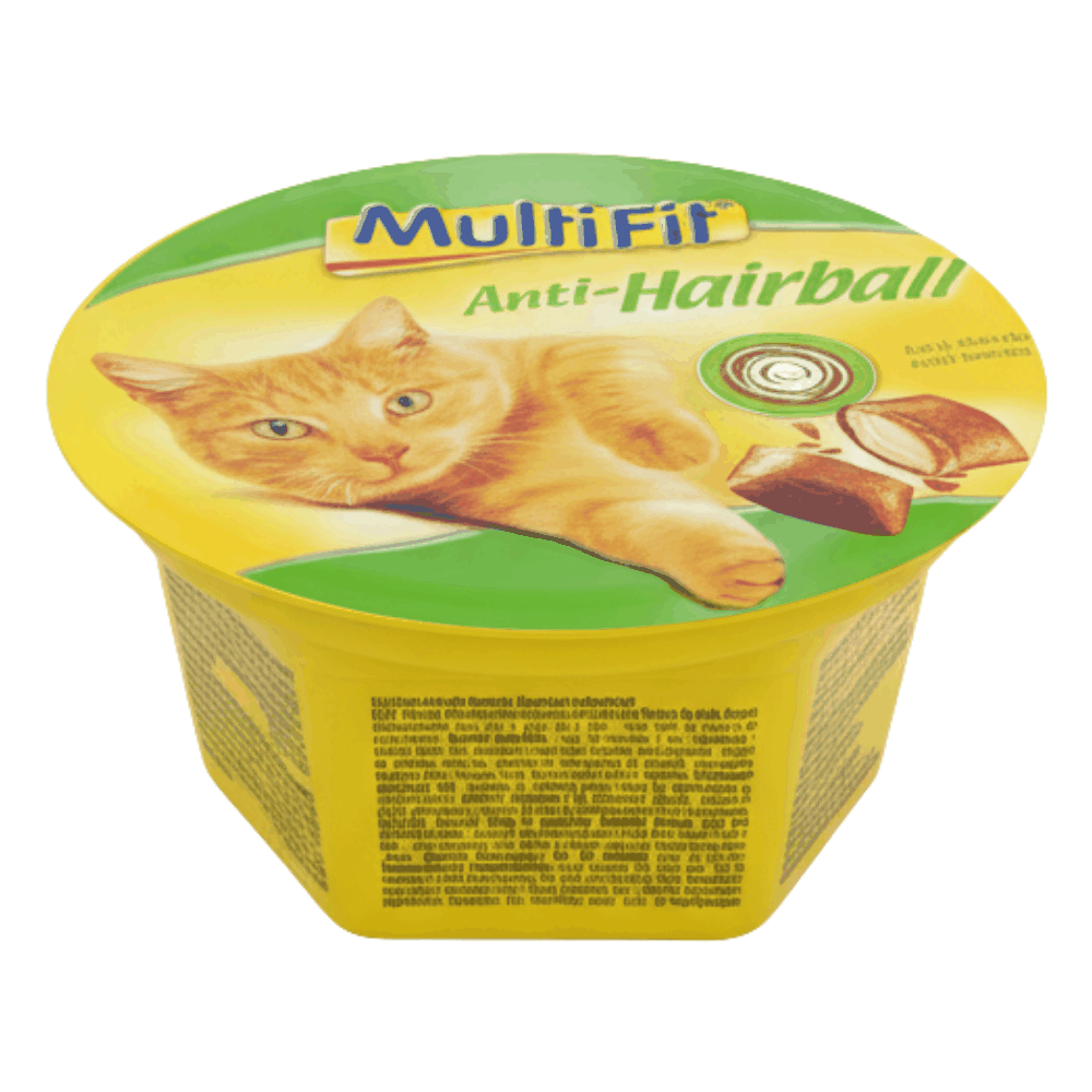 Multifit Anti-Hairball cat product packaging with a cat illustration on a white background