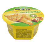 Multifit Anti-Hairball cat product packaging with a cat illustration on a white background