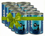Multiple cans of cat food with green ribbons on a white background