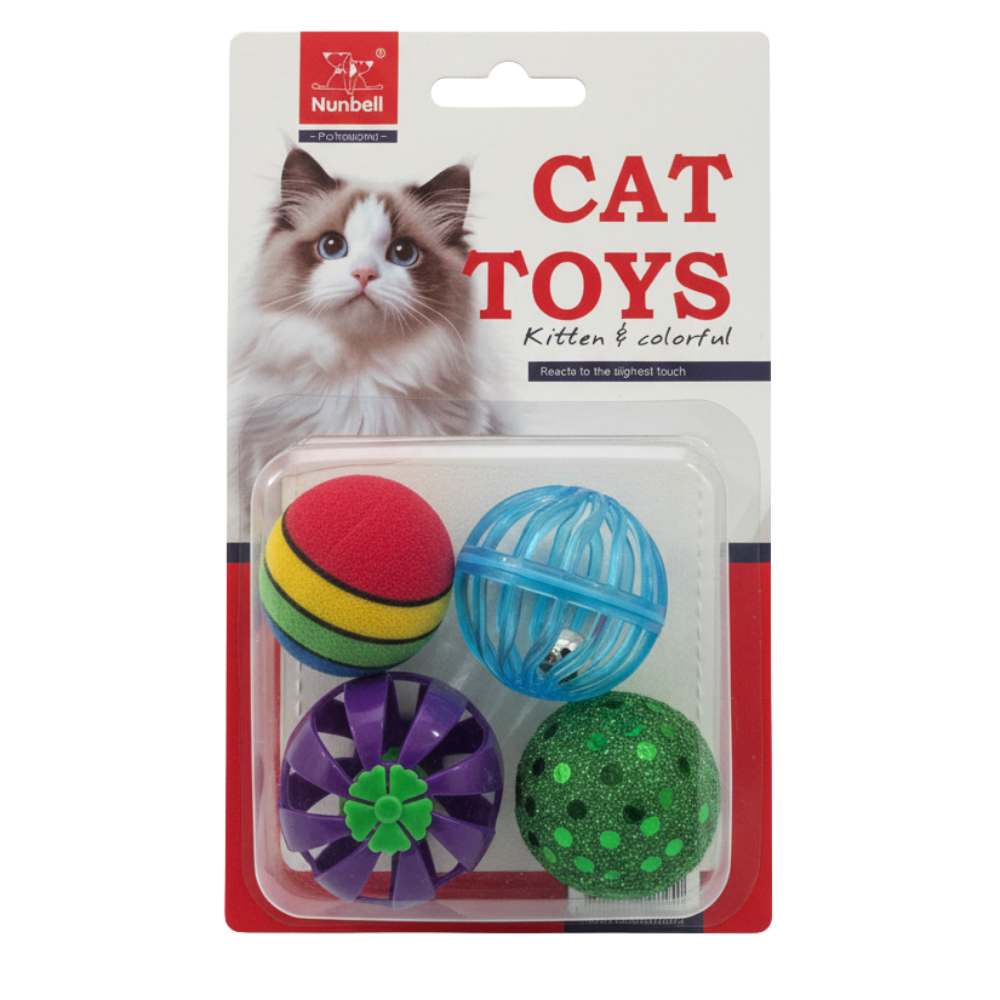 Cat toys set with colorful balls on a Nunbell branded packaging