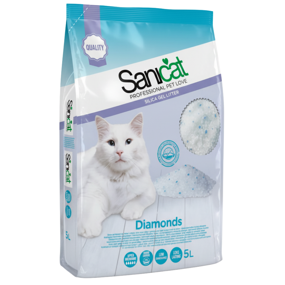 Sanicat cat litter packaging with a white cat on a light blue background
