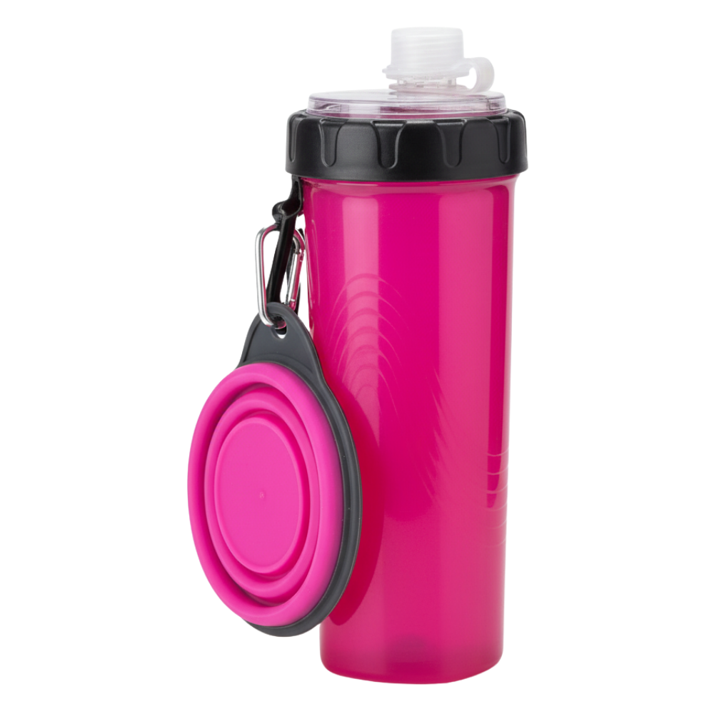 Pink water bottle with black cap and pink folding lid on a white background