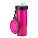 Pink water bottle with black cap and pink folding lid on a white background