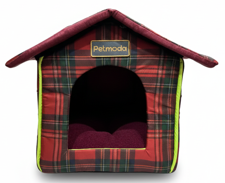 Plaid patterned pet bed with a visible brand logo on a white background
