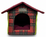 Plaid patterned pet bed with a visible brand logo on a white background