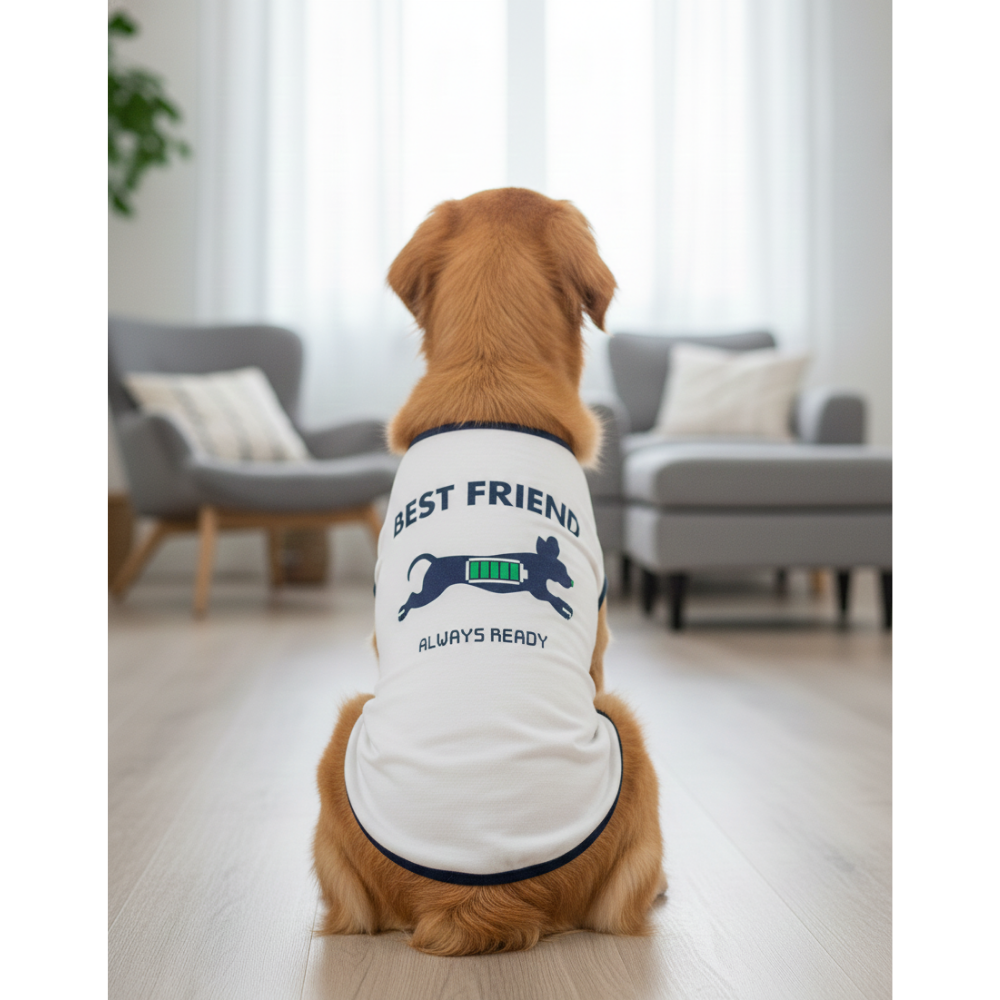 Dog wearing a white shirt with text in a living room setting