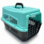 Turquoise pet carrier with black interior on a white background