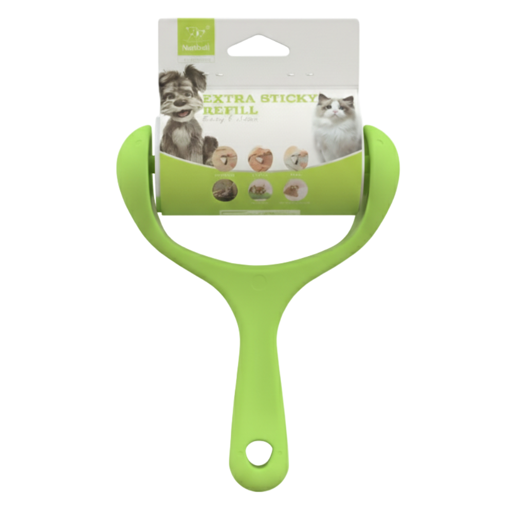 Green pet hair removal roller with packaging featuring images of pets on a white background